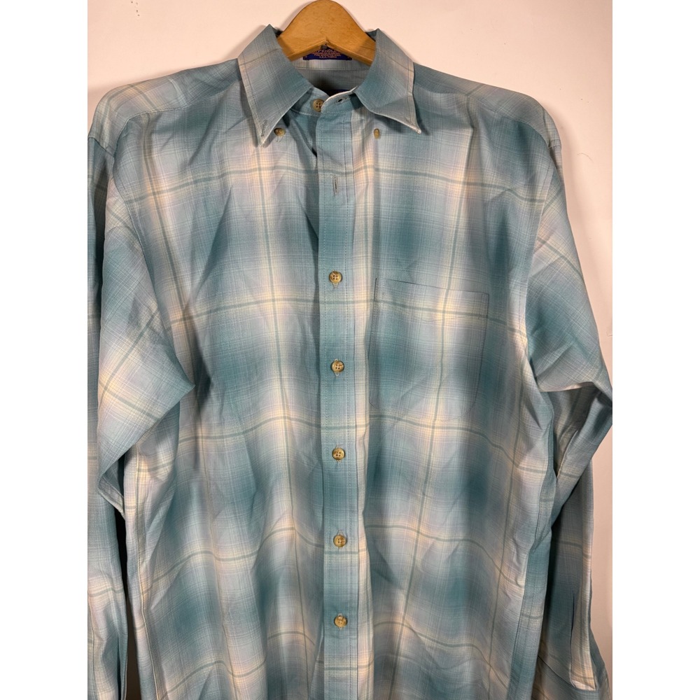 Sir Pendleton Mens Large Blue Ombre Plaid Worsted Wool Button Down Shirt L